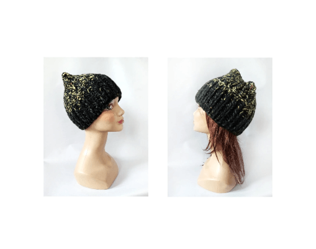 Bonnet noir vert unisexe laine tricoté main