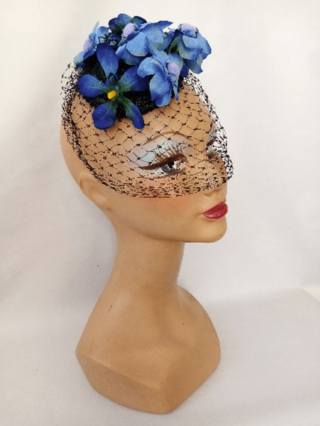 Chapeau mariage voilette rétro fleur bleu