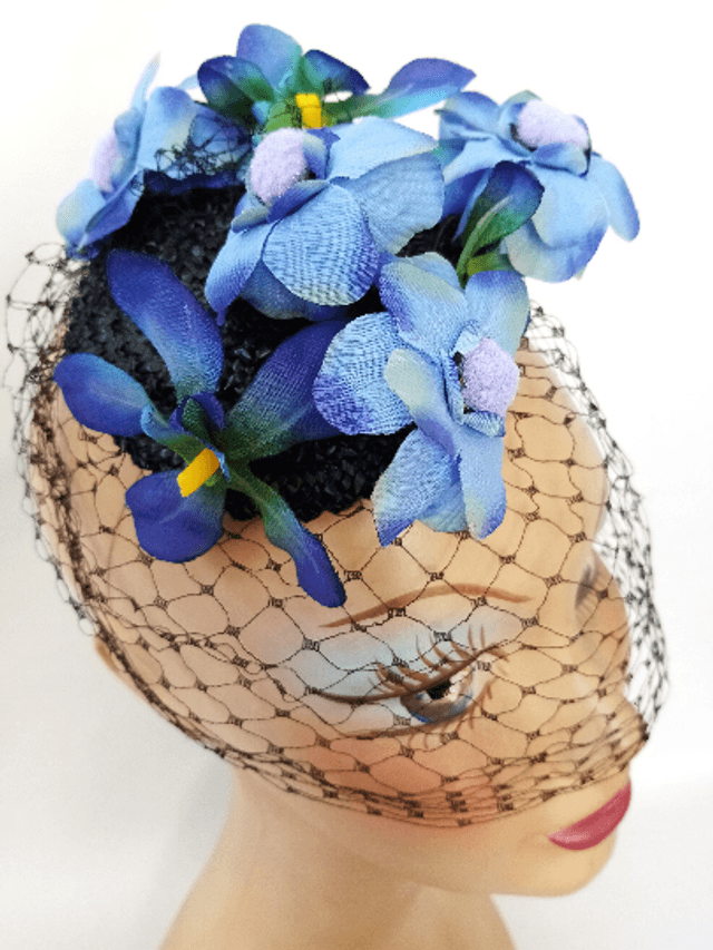 Chapeau mariage voilette rétro fleur bleu