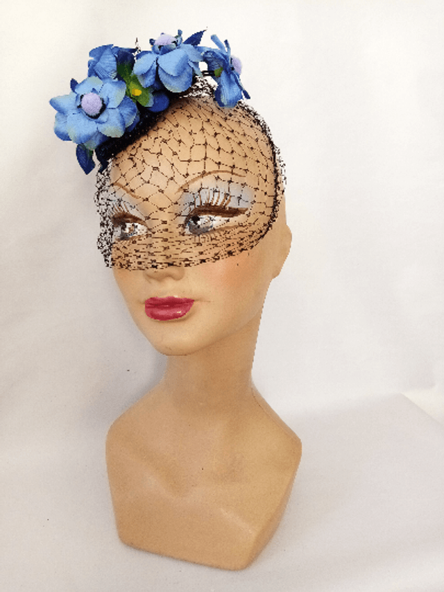 Chapeau mariage voilette rétro fleur bleu