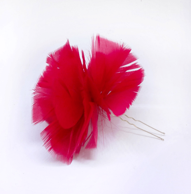 Épingle cheveux fleur plume rouge