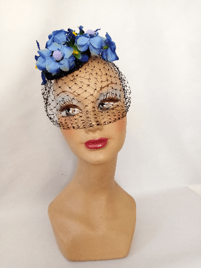 Chapeau mariage voilette rétro fleur bleu