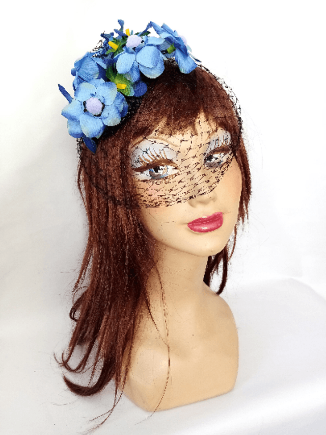 Chapeau mariage voilette rétro fleur bleu