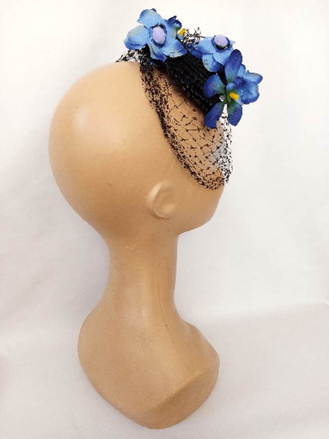 Chapeau mariage voilette rétro fleur bleu