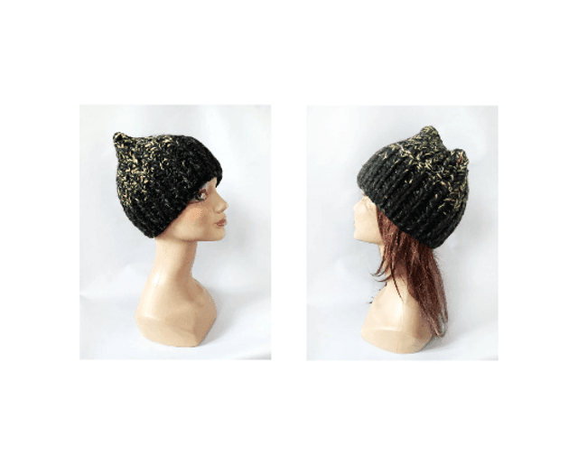Bonnet noir vert unisexe laine tricoté main